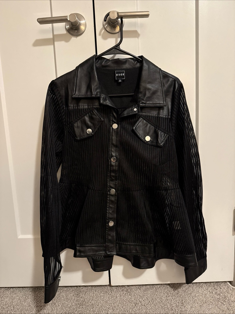 Black Mesh & Faux Leather Button-Front Blouse